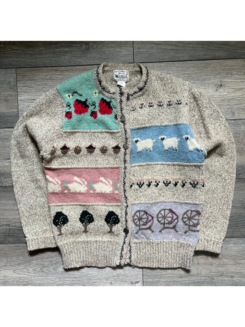 Vintage Woolrich Women's L Cardigan Sweater Multicolor Storybook Knit Wool Blend
